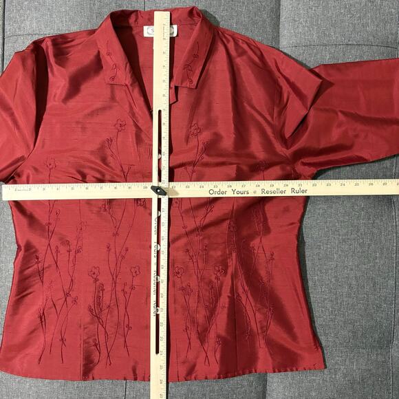 Silk Land 2 Piece Pant Suit Women XL Red 100% Silk Embroidered Floral - Picture 3 of 10